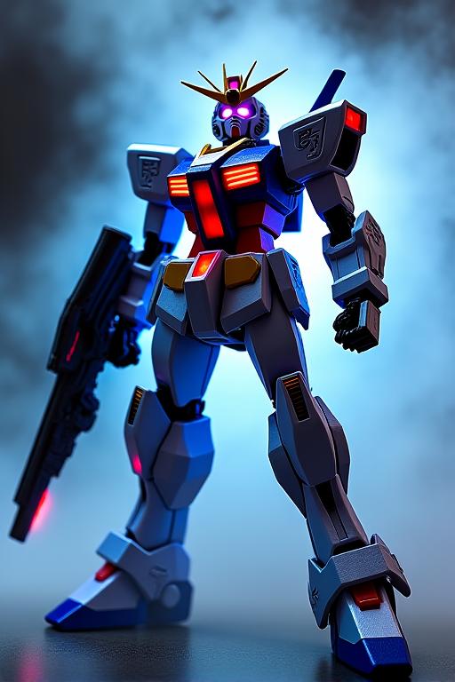 Custom painted Gundam mobile suit model with glowing effects